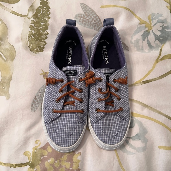 Sperry Shoes - Sperry Light Blue Gingham Top-Sider Sneaker with Brown Laces